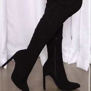 Black Suede thigh high heeled boots